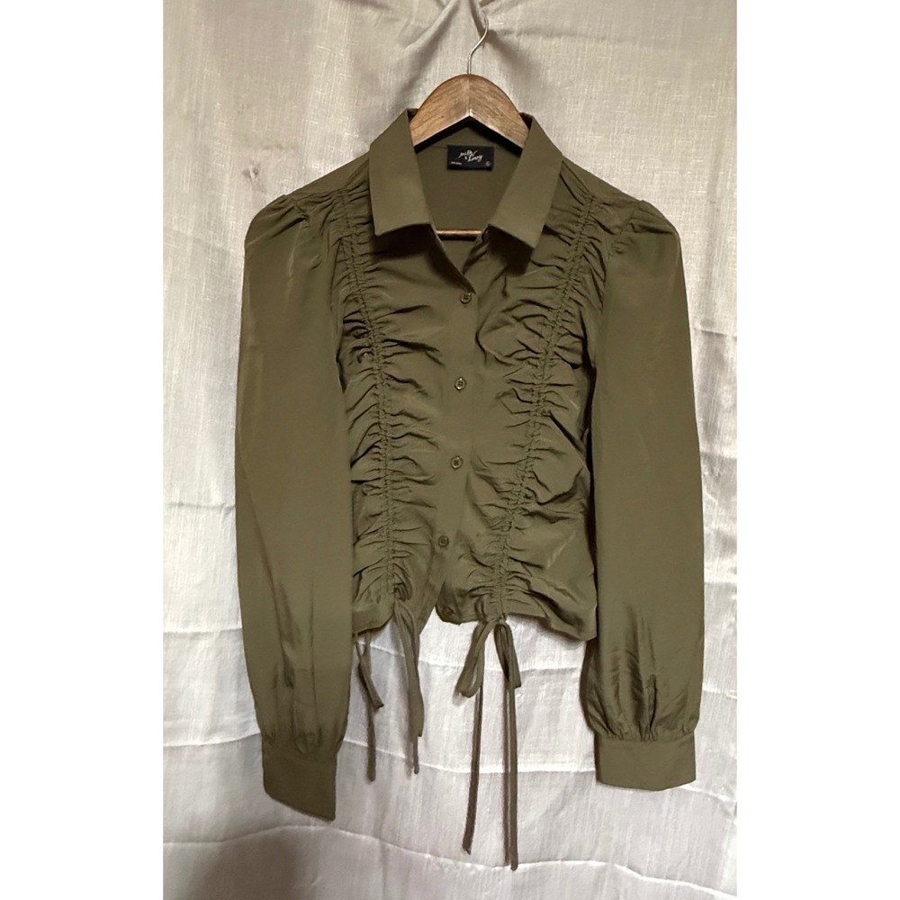 NWOT Milk & Honey Women‎ Olive Green Tie Front Long Sleeve Ruched Blouse Large